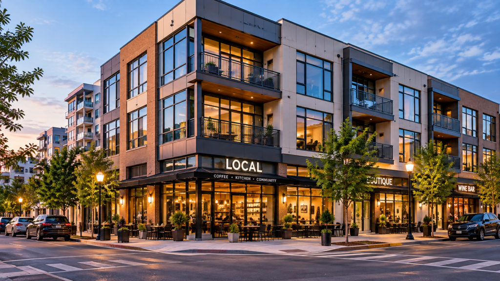 Mixed-use commercial property with retail and residential space.