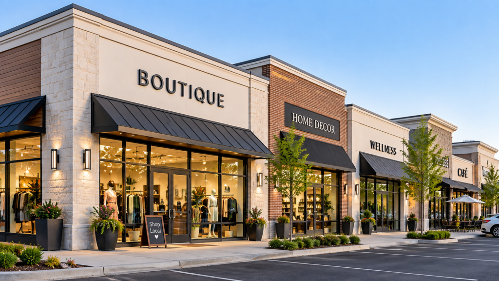 Modern retail shopping center with multiple storefronts.